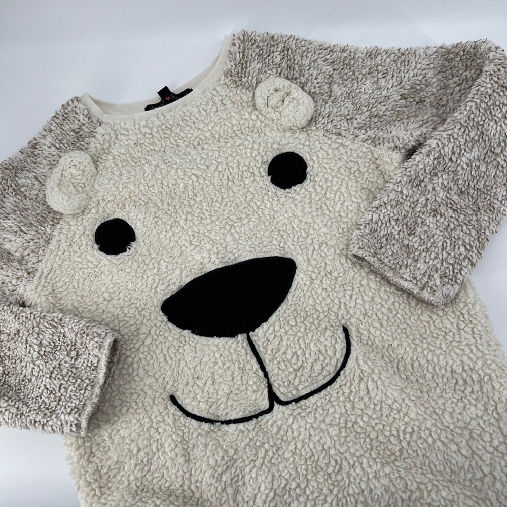 Derek Heart Girls M 10/12 Polar Bear Sherpa Fleece Pullover 3D Ears Ivory Taupe